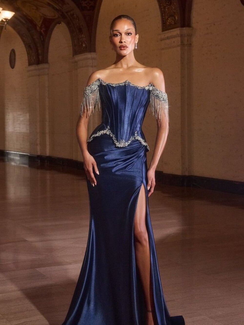New Navy Beaded Festive Soft Satin Dress w/ Corset Bodice & Leg Slit CD688